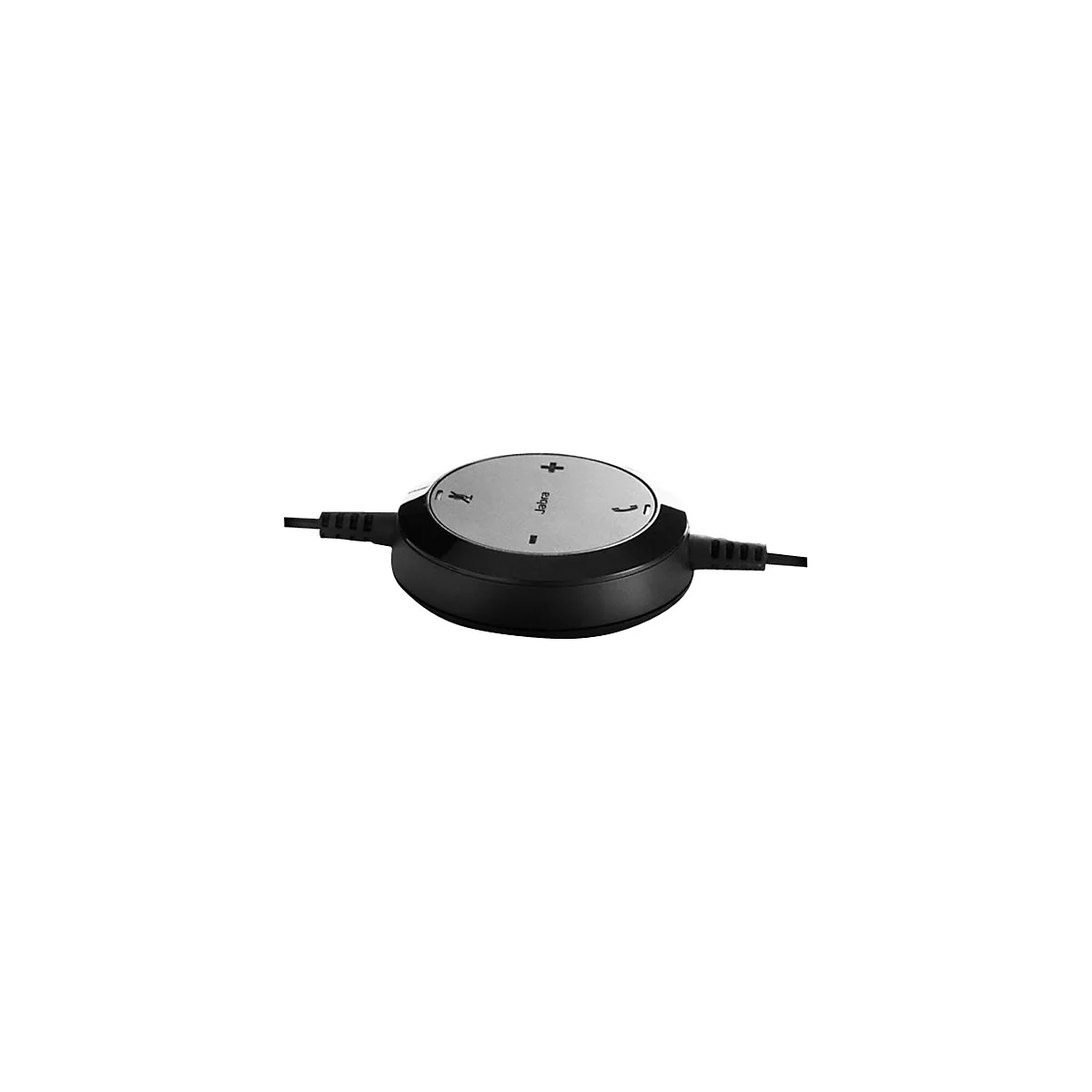 Gros plan sur une commande de casque Jabra noire avec un disque central argentÃ© et des commandes: volume, rÃ©ponse Ã  l'appel, muet.