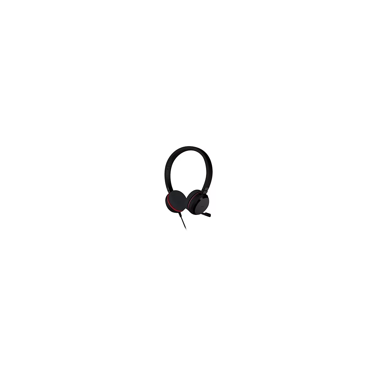 Casque noir avec accent rouge. Le casque Ã  bandeau est dotÃ© de deux Ã©couteurs ronds et d'un microphone.