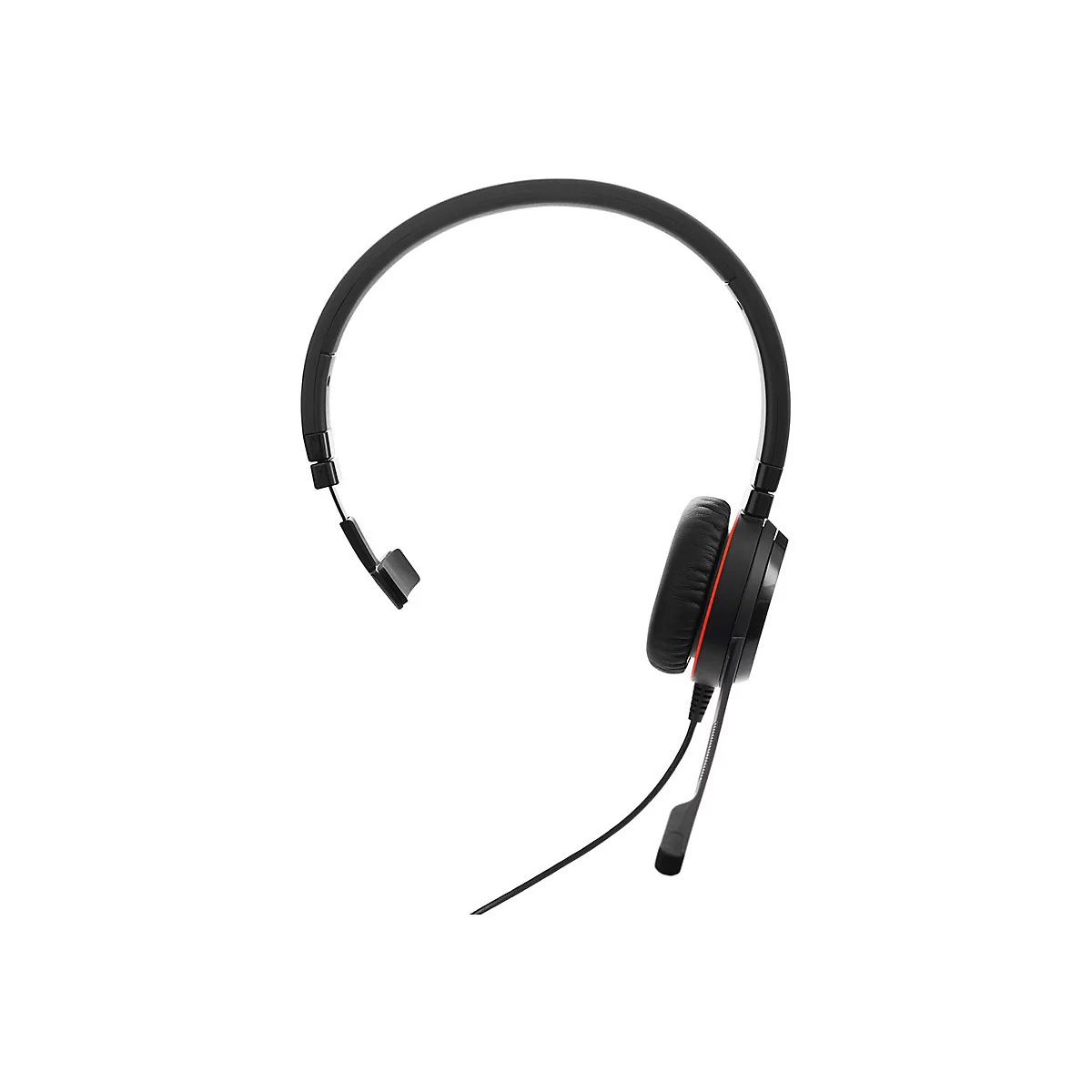Casque noir avec écouteur, microphone et bandeau sur fond blanc.