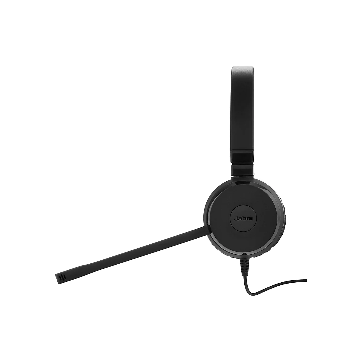 Casque noir avec microphone sur fond blanc, logo "Jabra".