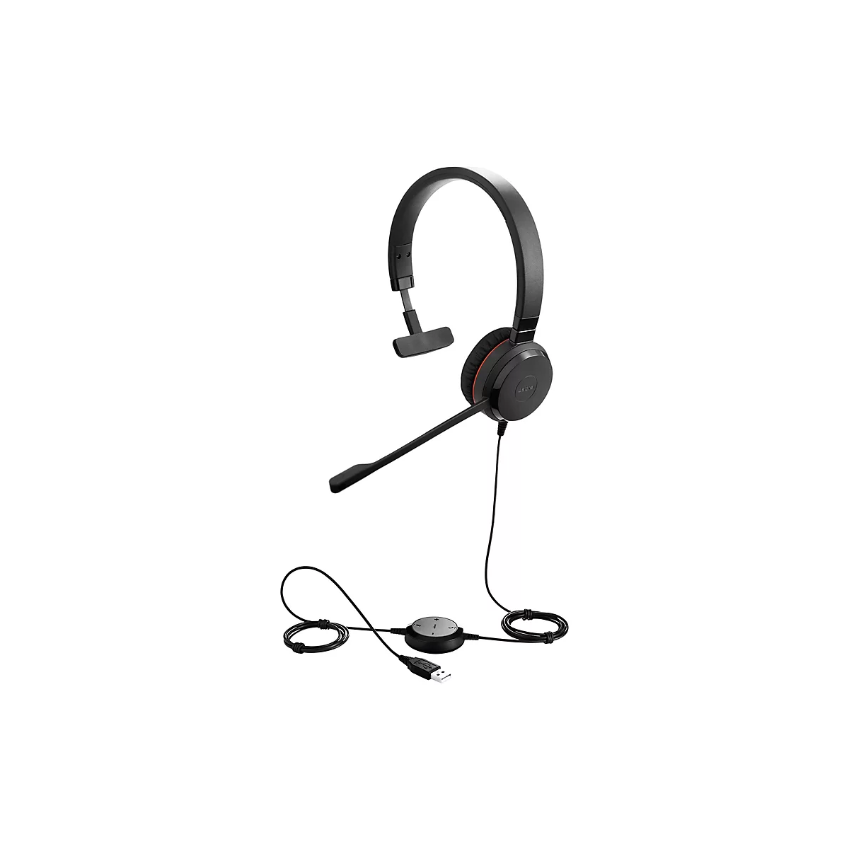 Casque noir sur fond blanc. Écouteur, microphone, câble avec connecteur USB et commande.