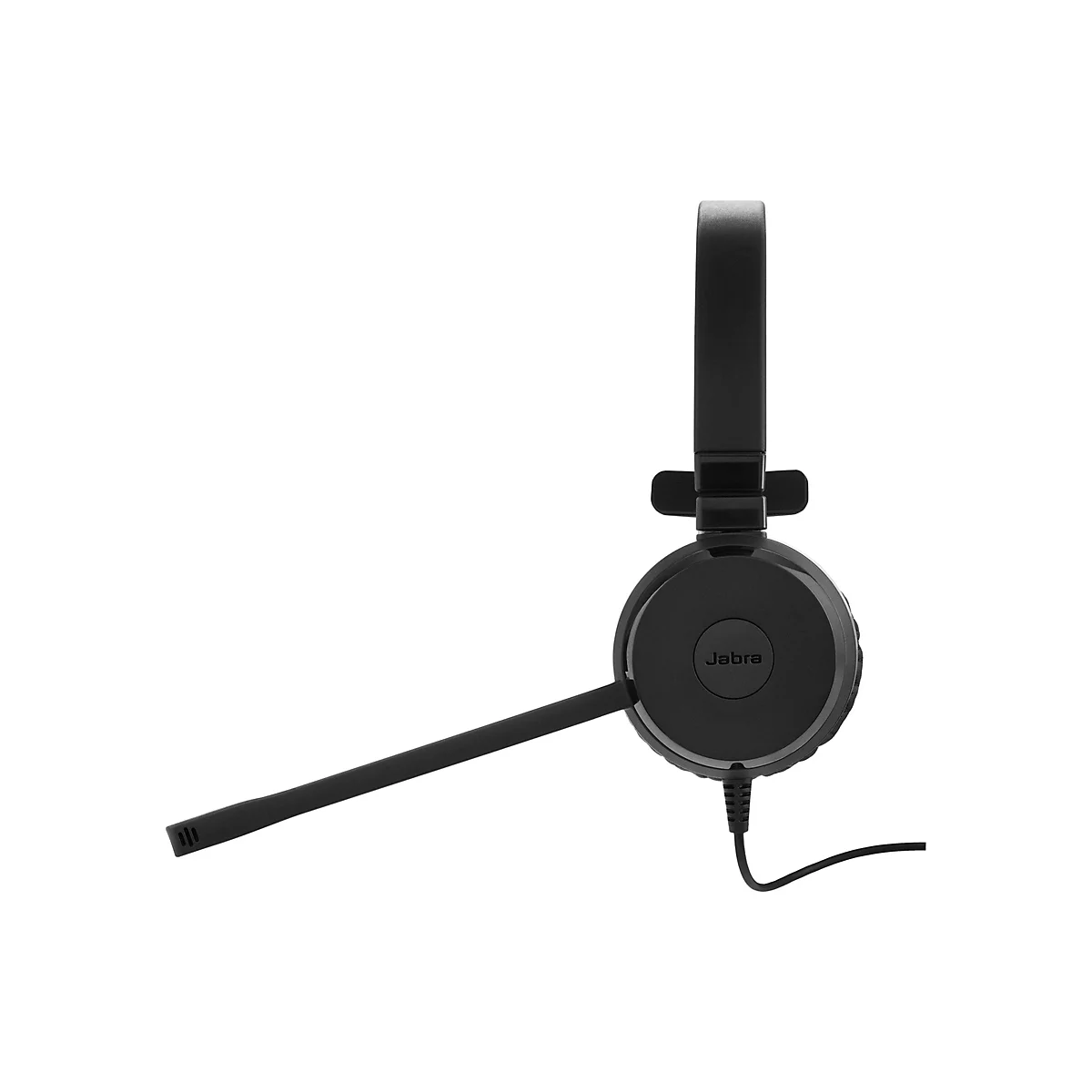Casque noir avec arceau et microphone, marque Jabra sur l'écouteur.
