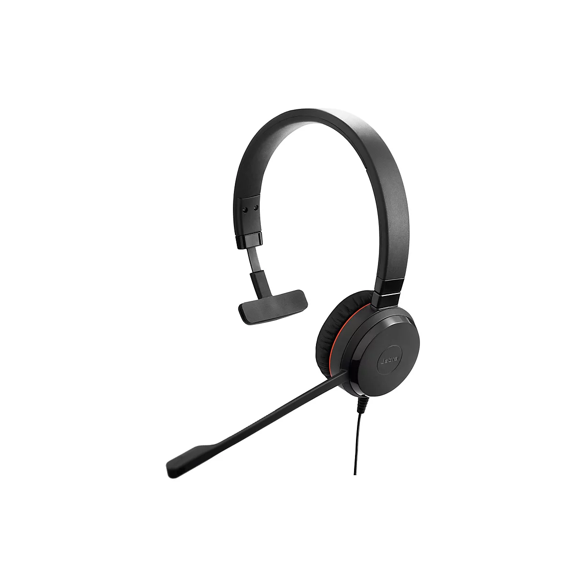 Un casque noir avec un serre-tête et un microphone sur fond blanc. Le logo Jabra est visible sur l'écouteur.