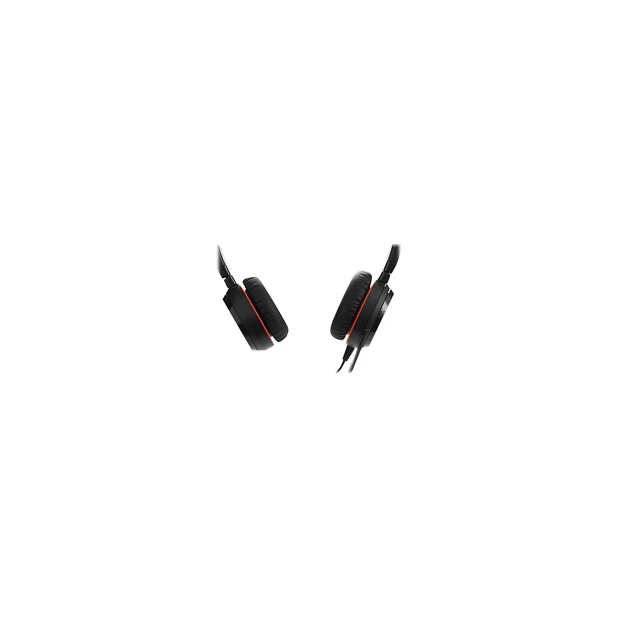 Casque noir, vue de détail. Coupelles noires avec des accents orange sur fond blanc.