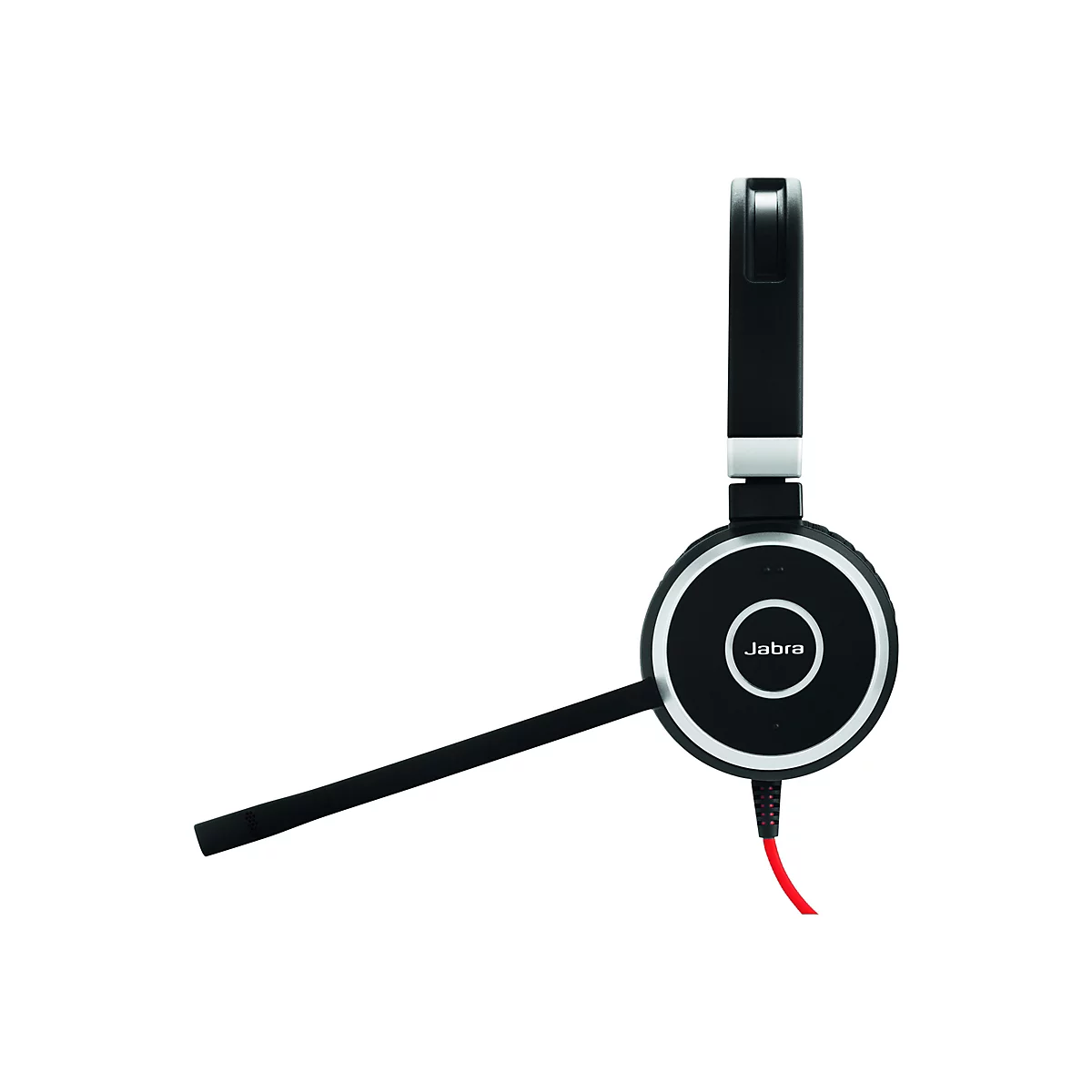 Schwarzes Jabra-Headset mit Mikrofon, rotem Kabel und silbernen Akzenten, vor weiÃŸem Hintergrund.
