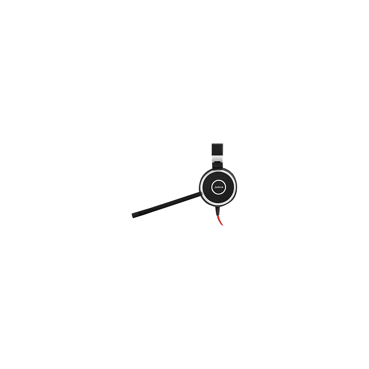 Schwarzes Jabra-Headset mit Mikrofon. Der runde Kopfhörer hat einen silbernen Rand und das Jabra-Logo. Ein rotes Kabel. Auf weißem Hintergrund.