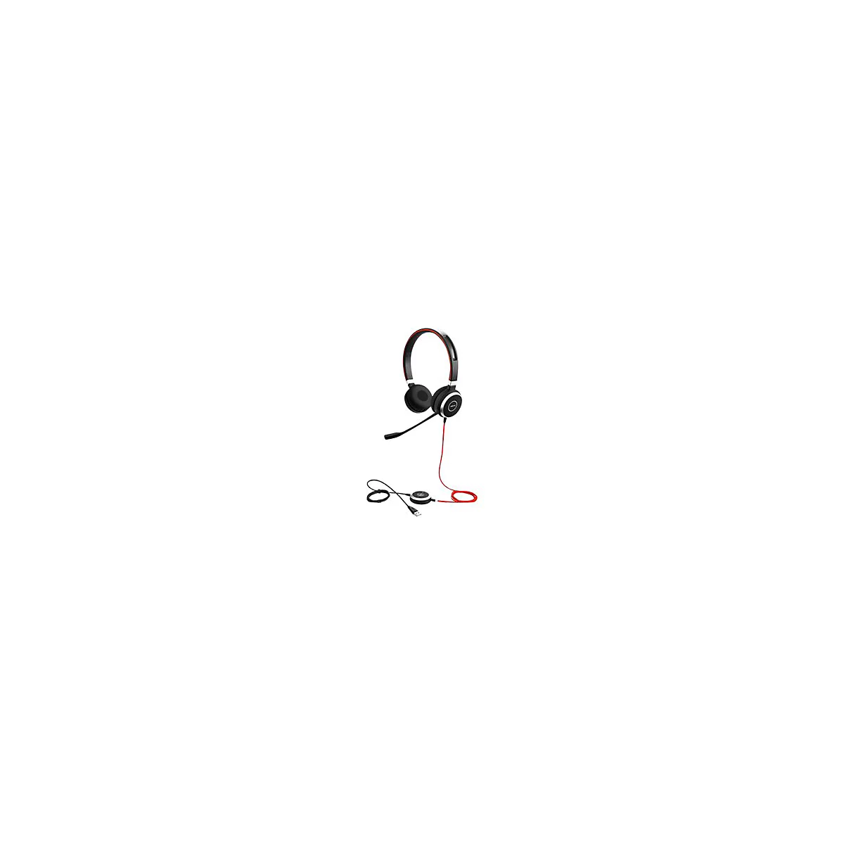 Schwarzes Headset mit rotem Kabel und Mikrofon, Kabel mit USB-Anschluss.