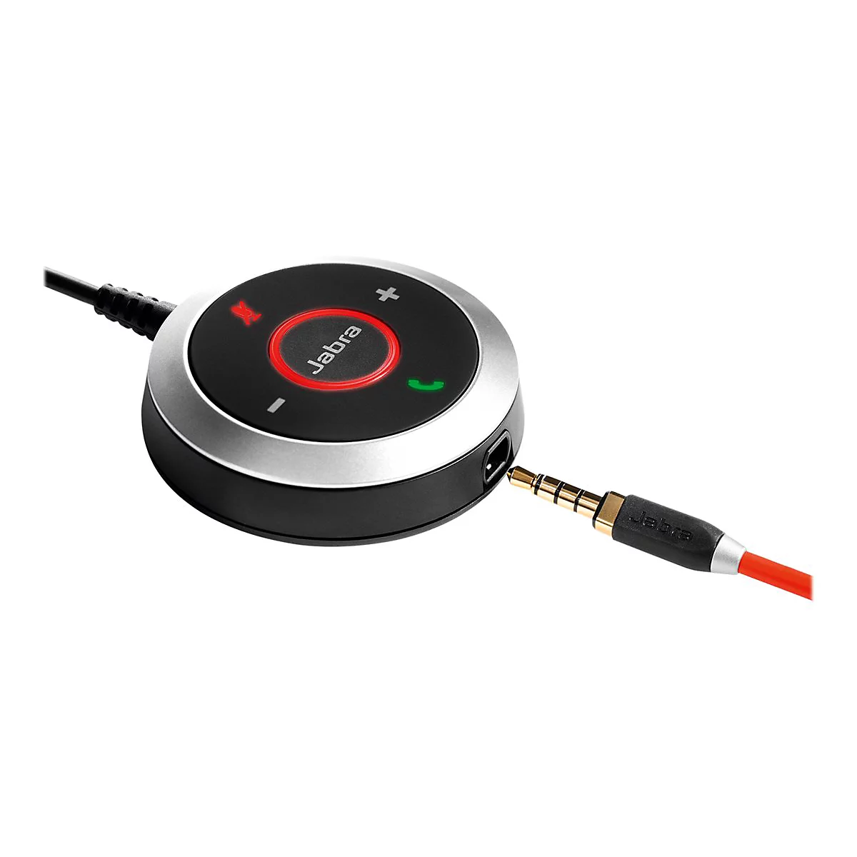 Rundes Jabra-GerÃ¤t mit rotem Ring und Tasten. Ein Klinkenstecker ist eingesteckt.