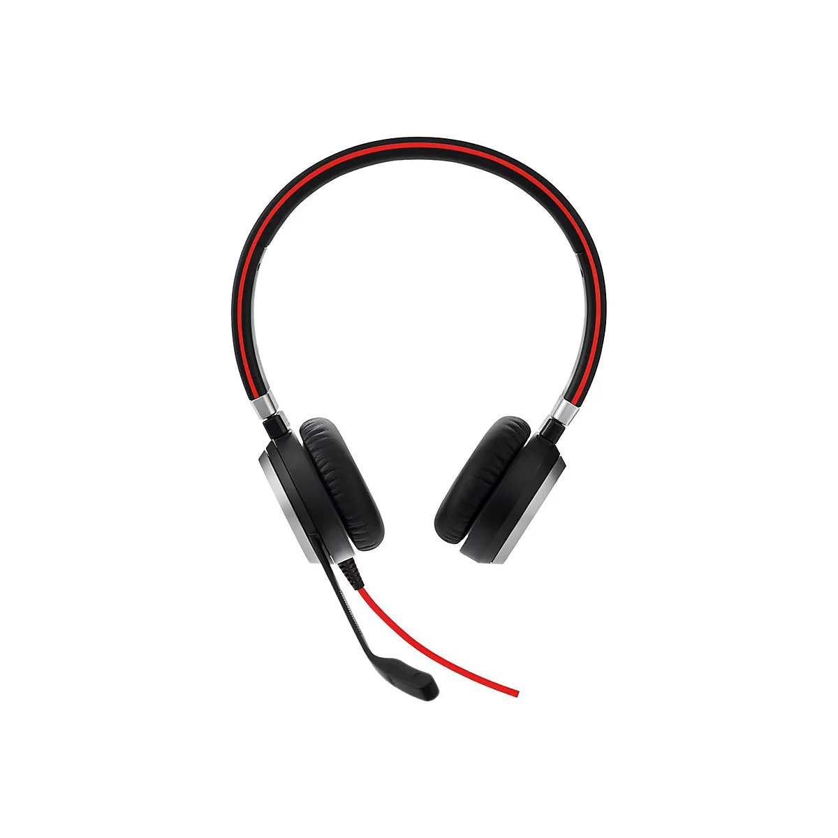 Schwarzes Headset mit rotem Streifen am Kopfbügel und Mikrofon, das mit einem roten Kabel verbunden ist.