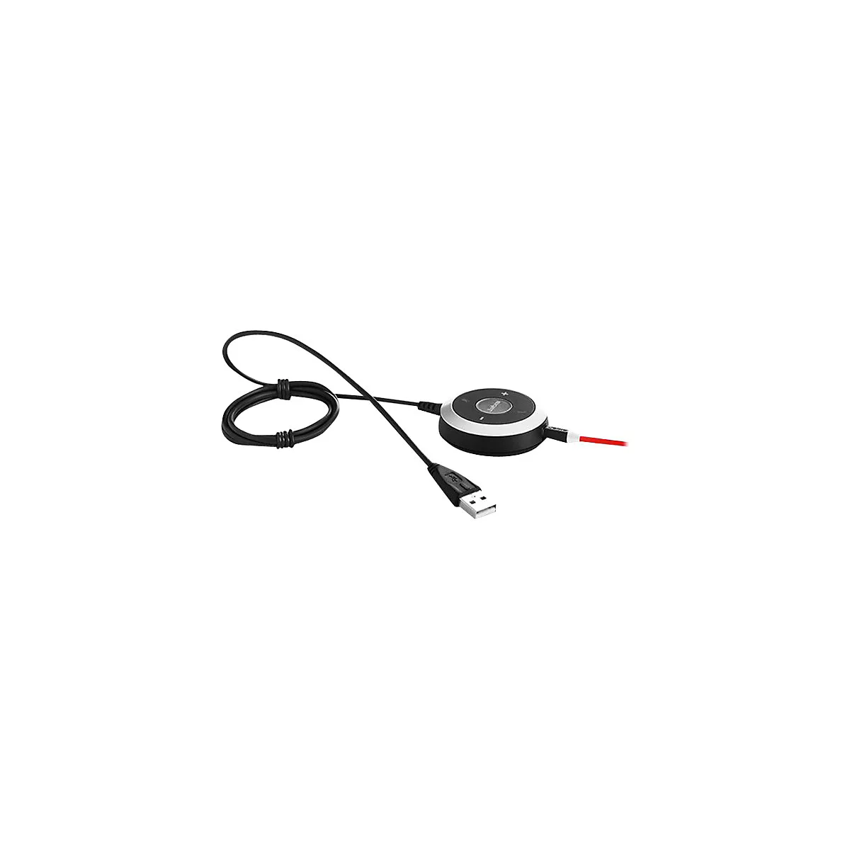Runder, schwarzer Jabra-Lautsprecher mit Kabel. An der Seite ist ein USB-Stecker, der an einen Computer angeschlossen werden kann.