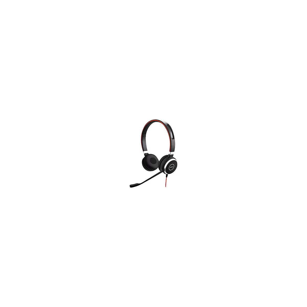 Schwarzes Jabra-Headset mit rotem Akzent, Mikrofon und Logo.