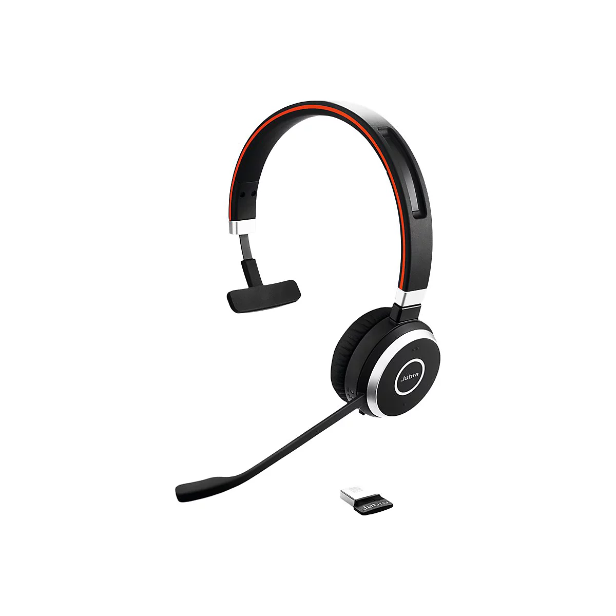 Schwarzes Headset mit rotem Akzent und Mikrofon, auf weiÃŸem Hintergrund. Kleiner Adapter daneben.