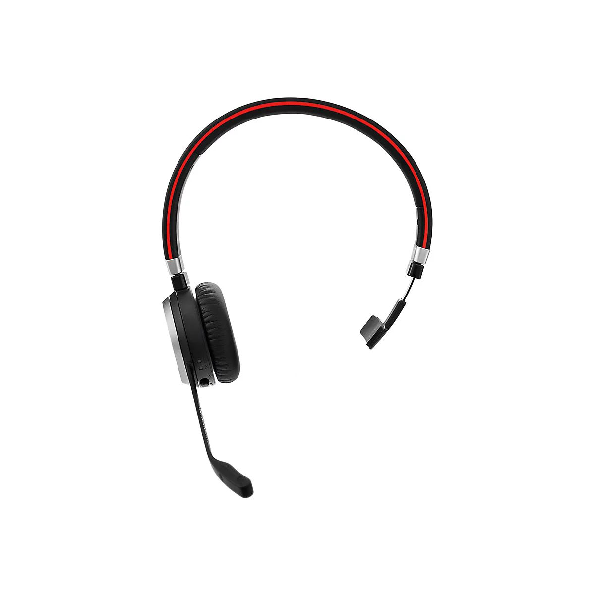 Schwarzes Headset mit rotem Streifen am Bügel und Mikrofon, vor weißem Hintergrund.