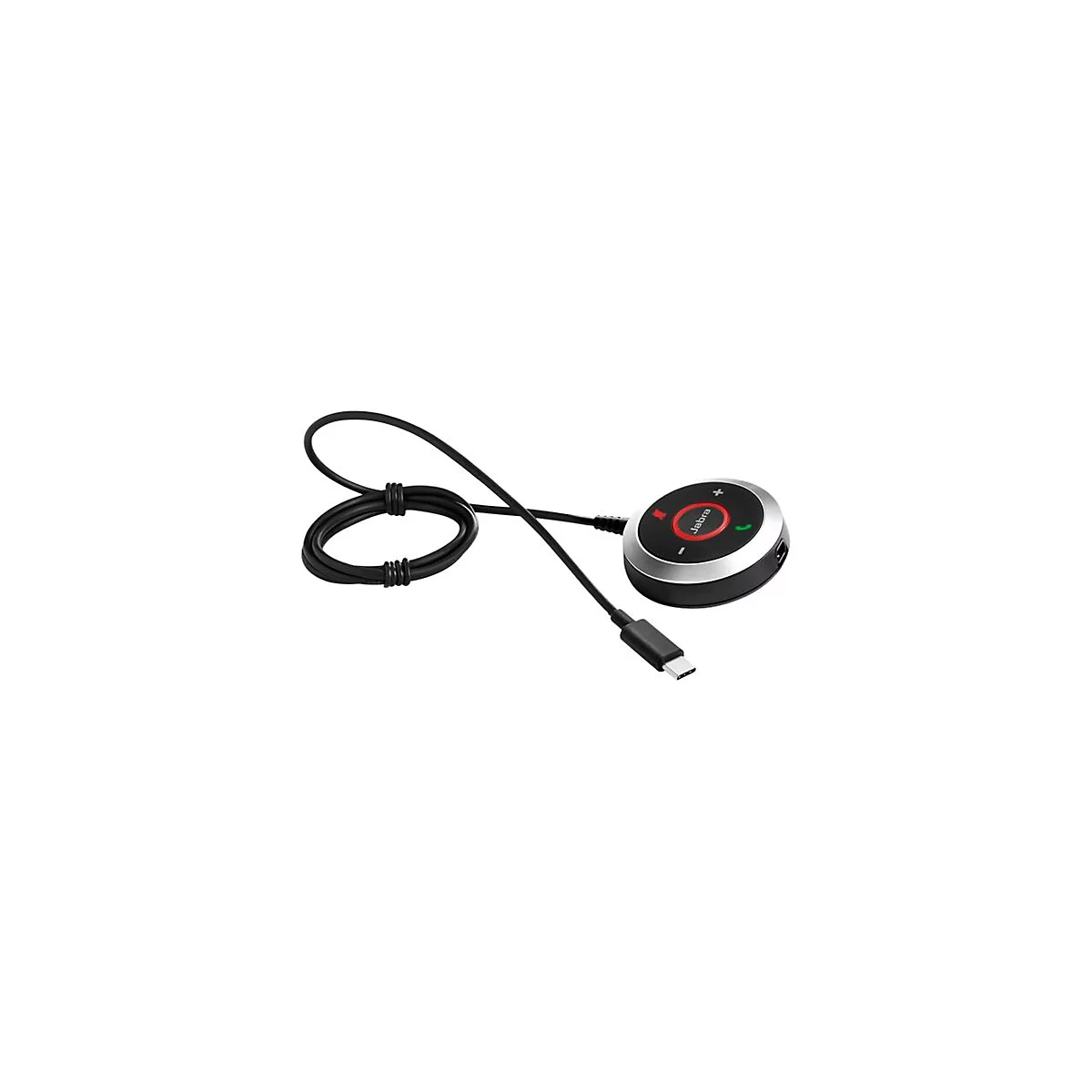 Schwarzes Jabra-Gerät mit USB-C-Kabel. Runder, schwarzer Knopf mit rotem Rand und Jabra-Logo. Am Rand: Lauter und Leiser Tasten.