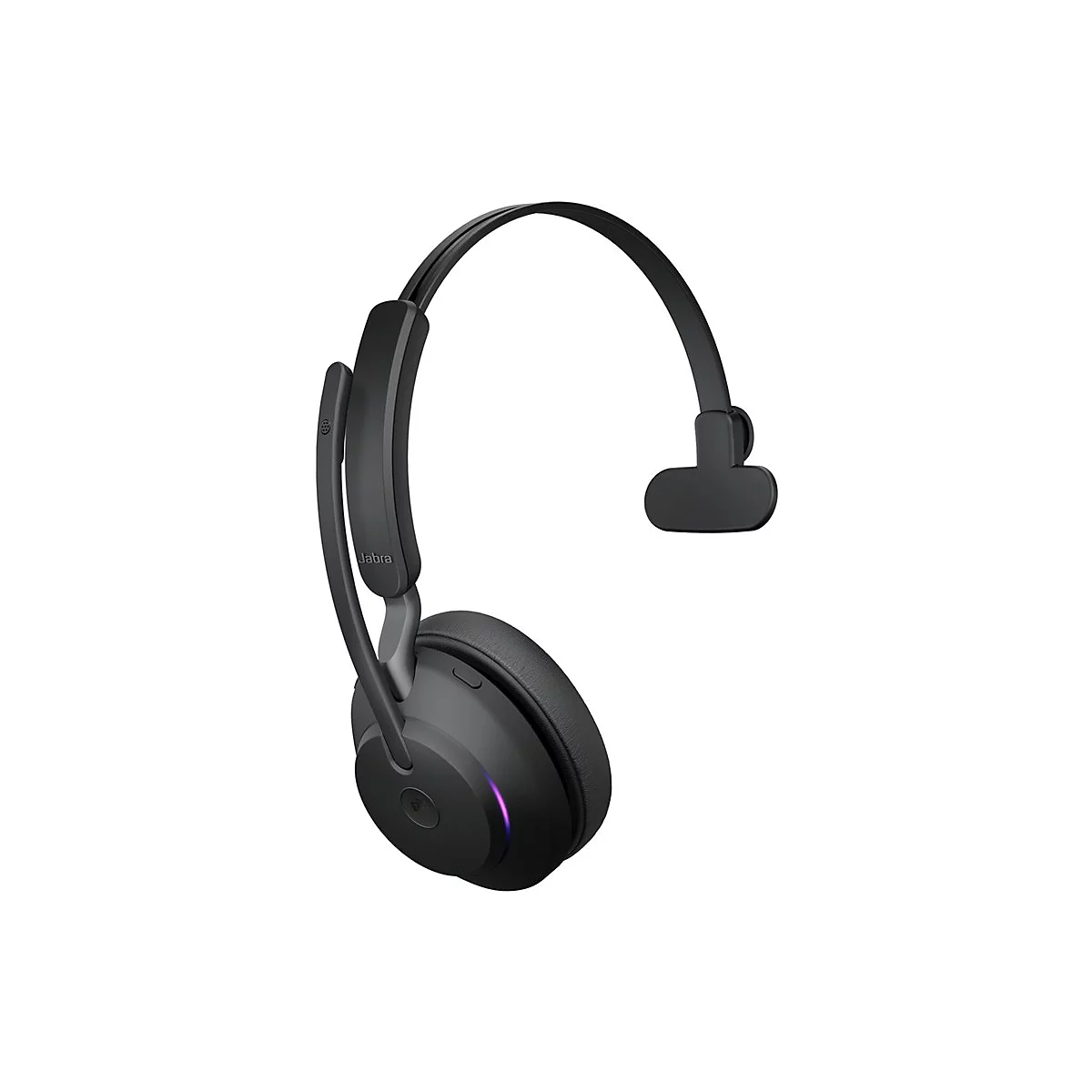 Schwarzes Jabra-Headset, Detailaufnahme, weißer Hintergrund. Der Schriftzug 'Jabra' ist sichtbar.
