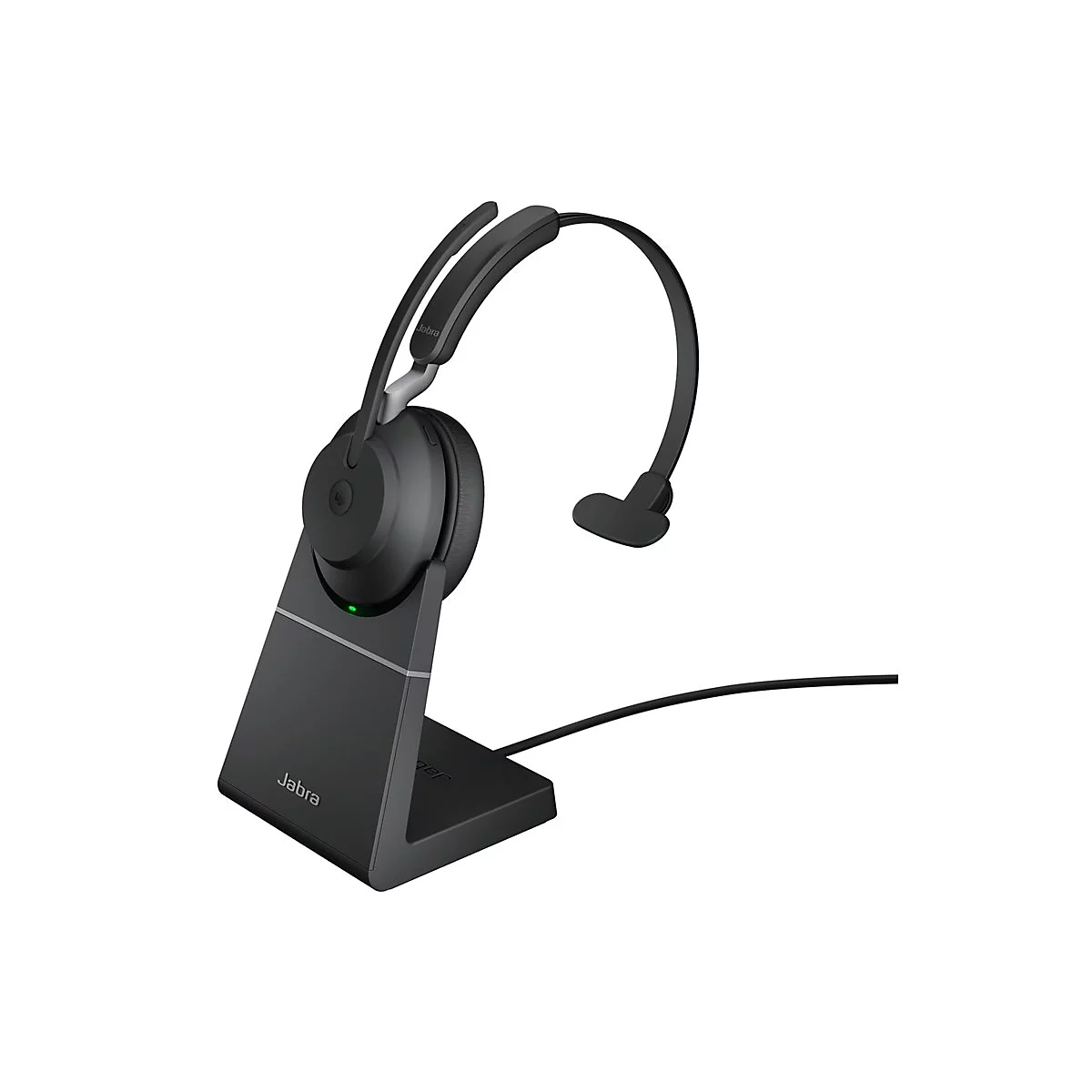 Schwarzes Headset mit Basisstation, Jabra-Logo. Auf weißem Hintergrund.