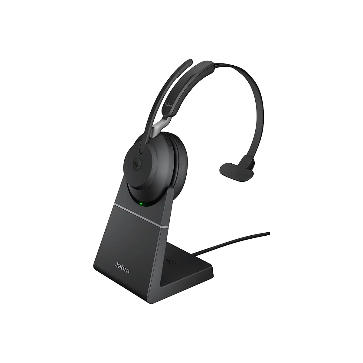 Schwarzes Jabra-Headset auf Ladestation mit grünem Licht.