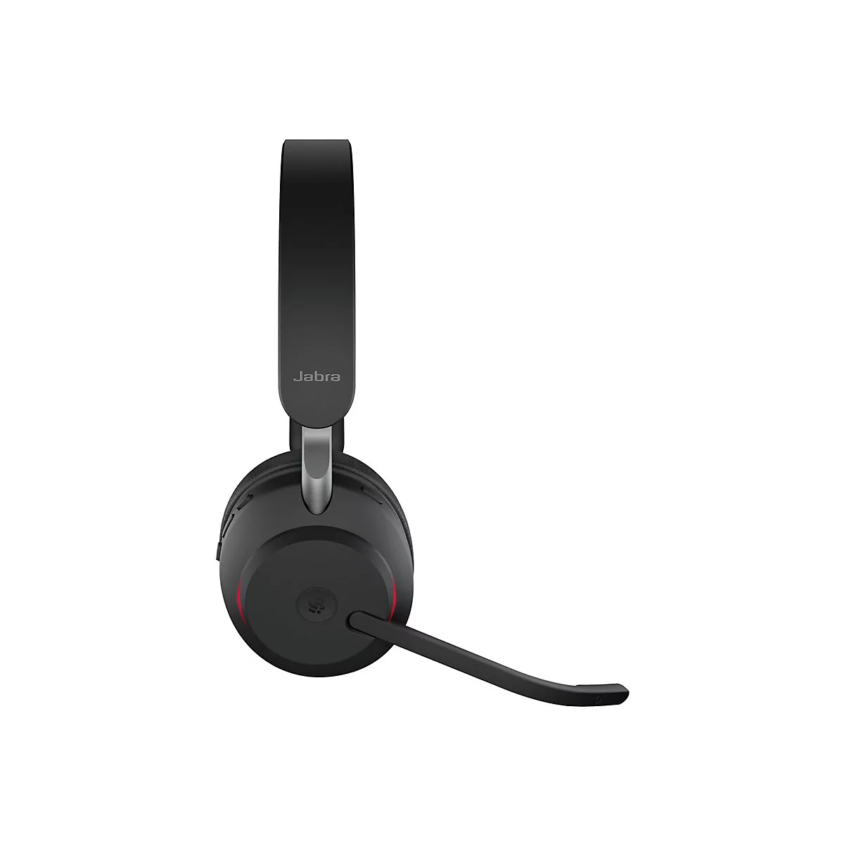Schwarzes Jabra-Headset mit Mikrofon, auf weißem Hintergrund. Der Schriftzug "Jabra" ist am Bügel zu sehen.