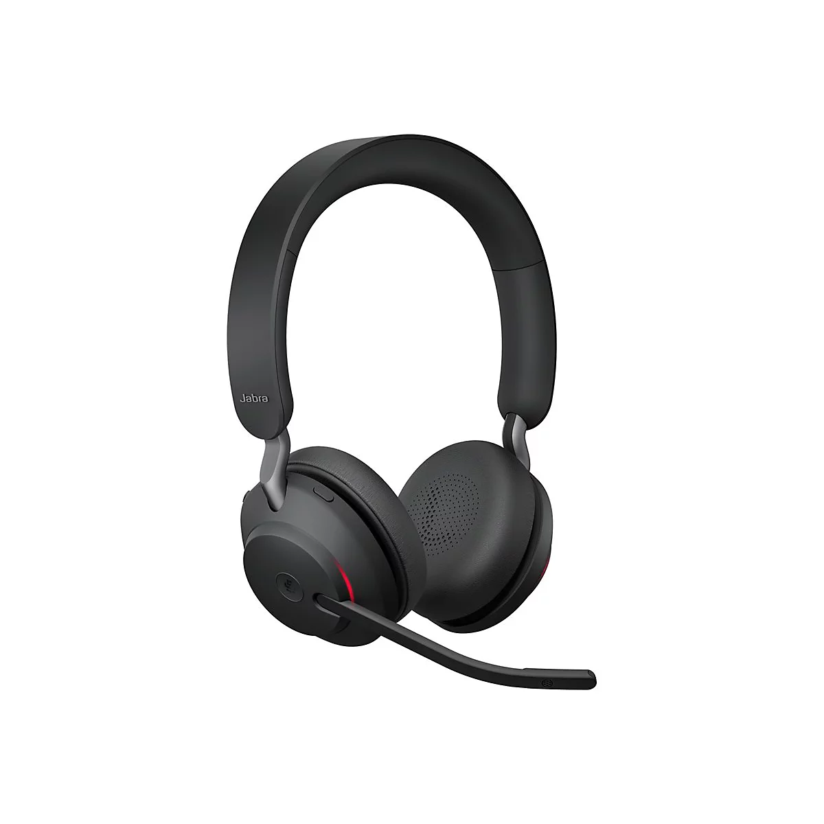 Schwarzes Jabra-Headset, Bügel über dem Kopf, Mikrofon, rote LED.
