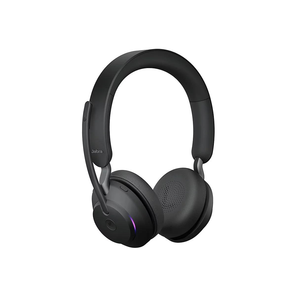Casque Jabra noir avec coussinets et arceau rembourrés, sur fond blanc.