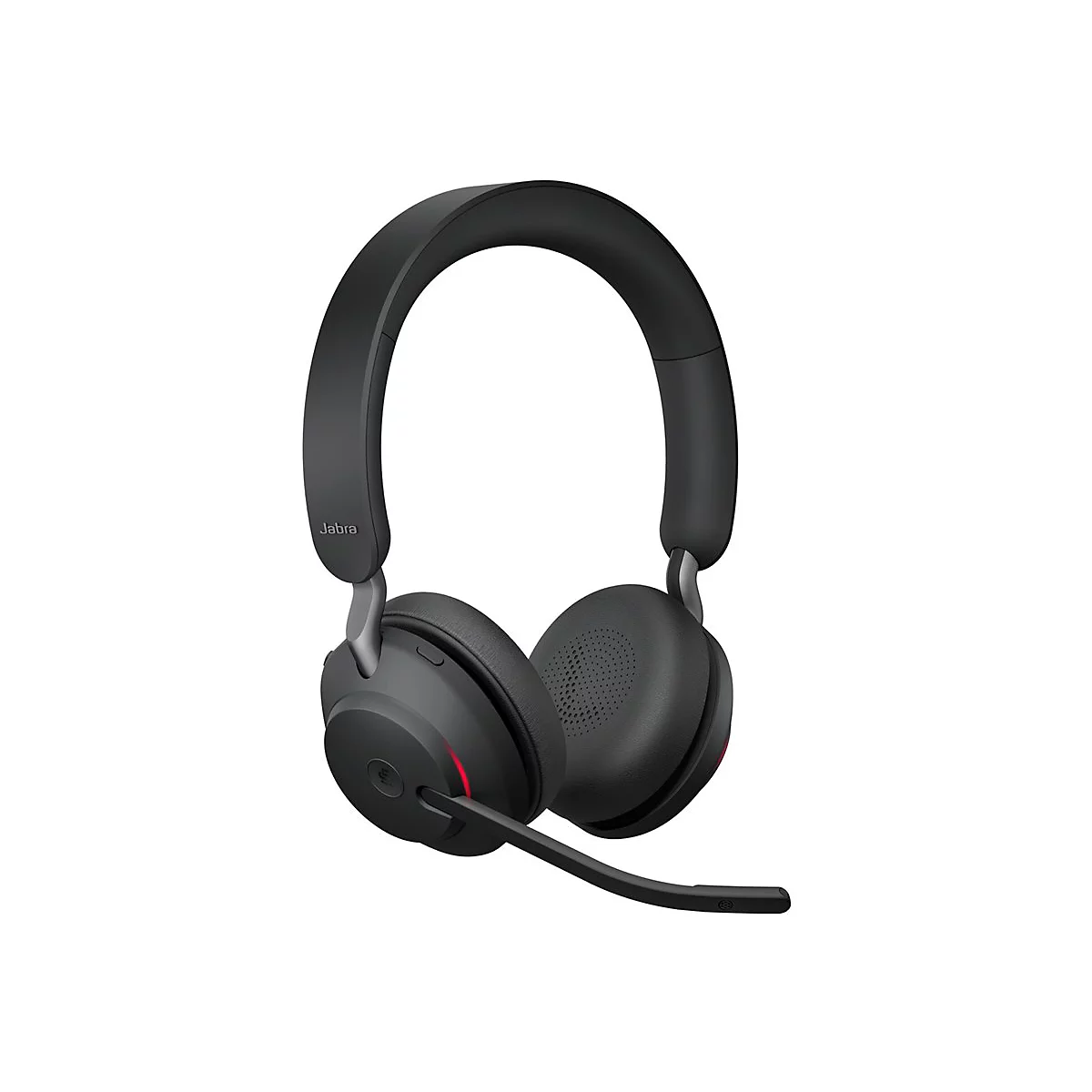Casque Jabra noir avec microphone, des détails tels que le nom de la marque et une lumière rouge sont visibles.