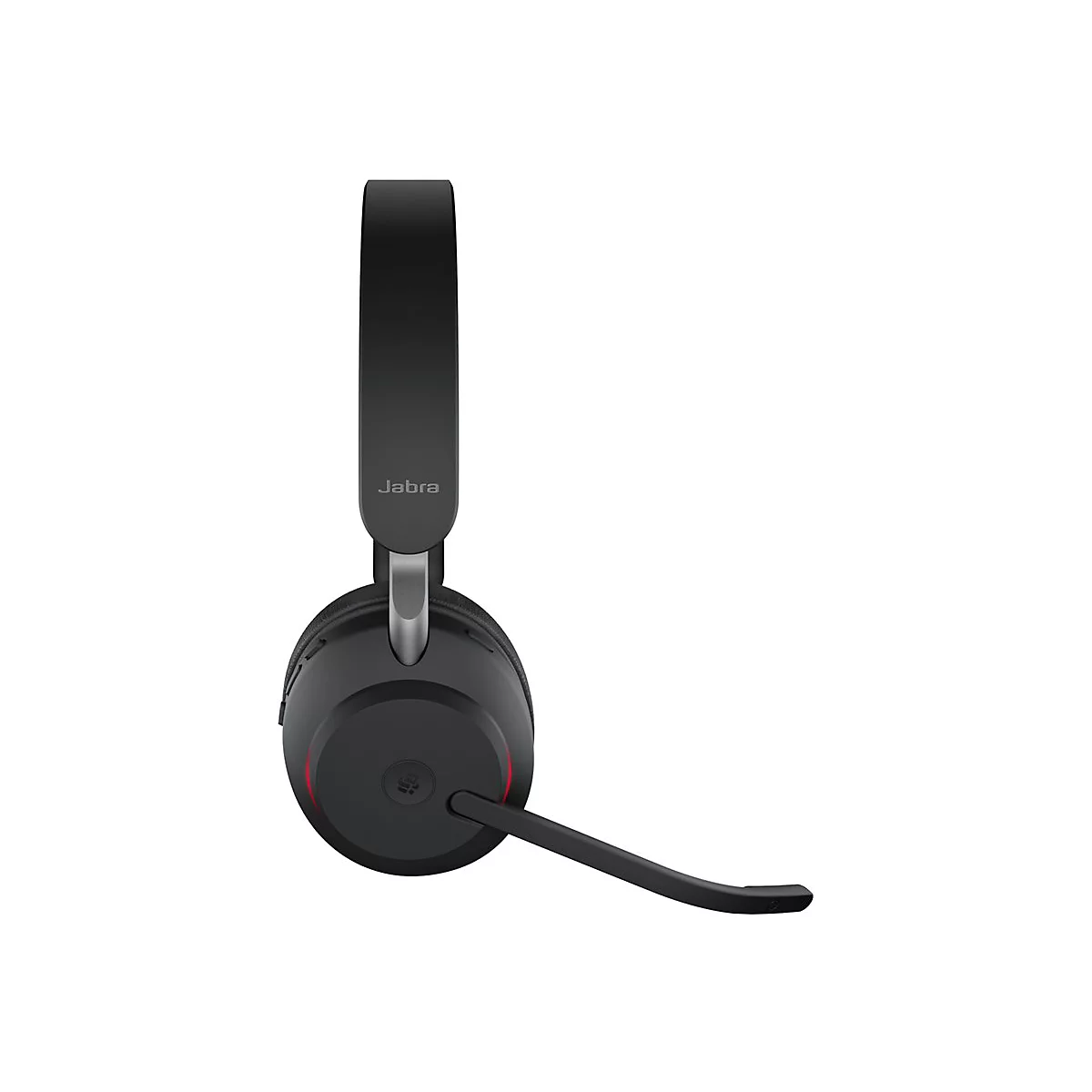 Casque Jabra noir avec serre-tête et microphone, gros plan sur fond blanc.