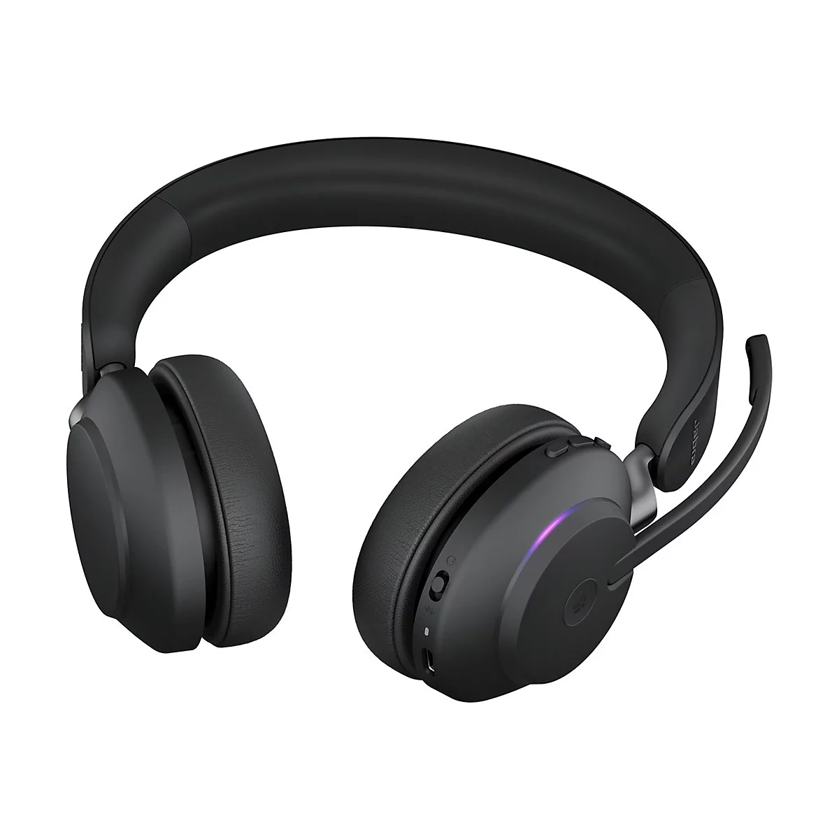 Casque supra-auriculaire noir avec microphone, prise de vue détaillée. Le logo Jabra est visible.