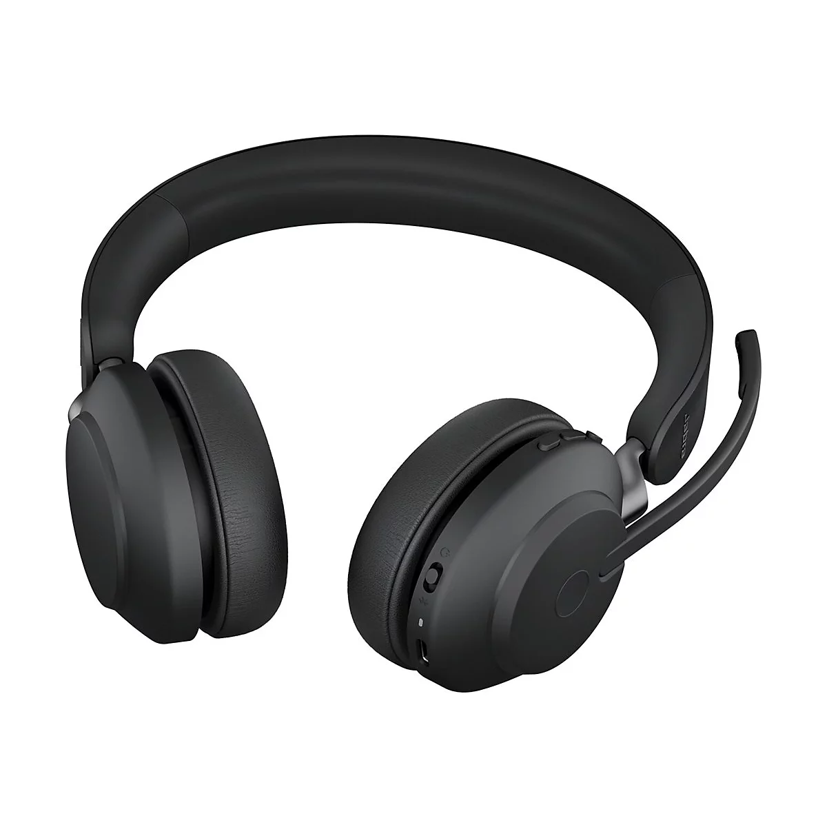 Schwarzer Over-Ear-Kopfhörer mit Mikrofon, Nahaufnahme vor weißem Hintergrund. Die Marke Jabra ist auf dem Mikrofonarm sichtbar.