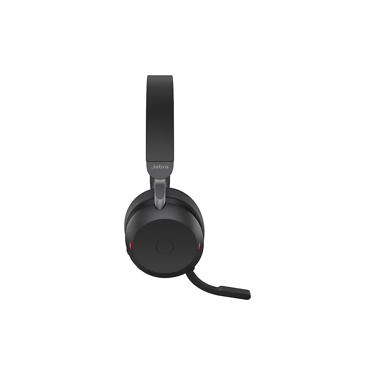 Schwarzes Headset mit Jabra-Logo. Bügel und Ohrmuschel sind sichtbar, Mikrofon am rechten Ohr.