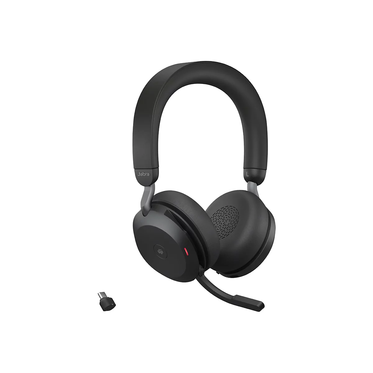 Schwarzer Jabra-Kopfhörer mit Mikrofon und USB-C-Adapter auf weißem Hintergrund.