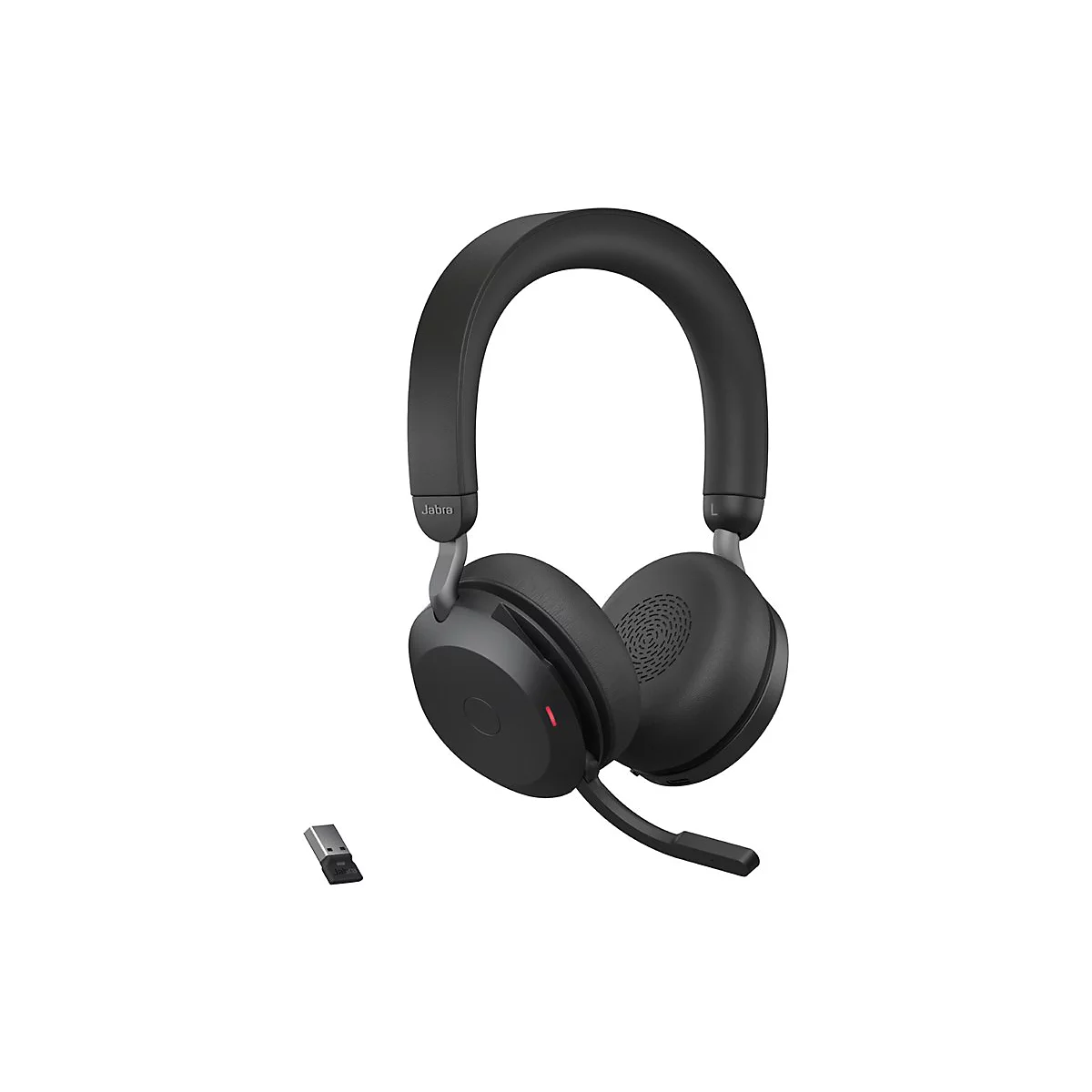 Schwarzer Jabra-Kopfhörer mit Mikrofon und USB-Dongle auf weißem Hintergrund.