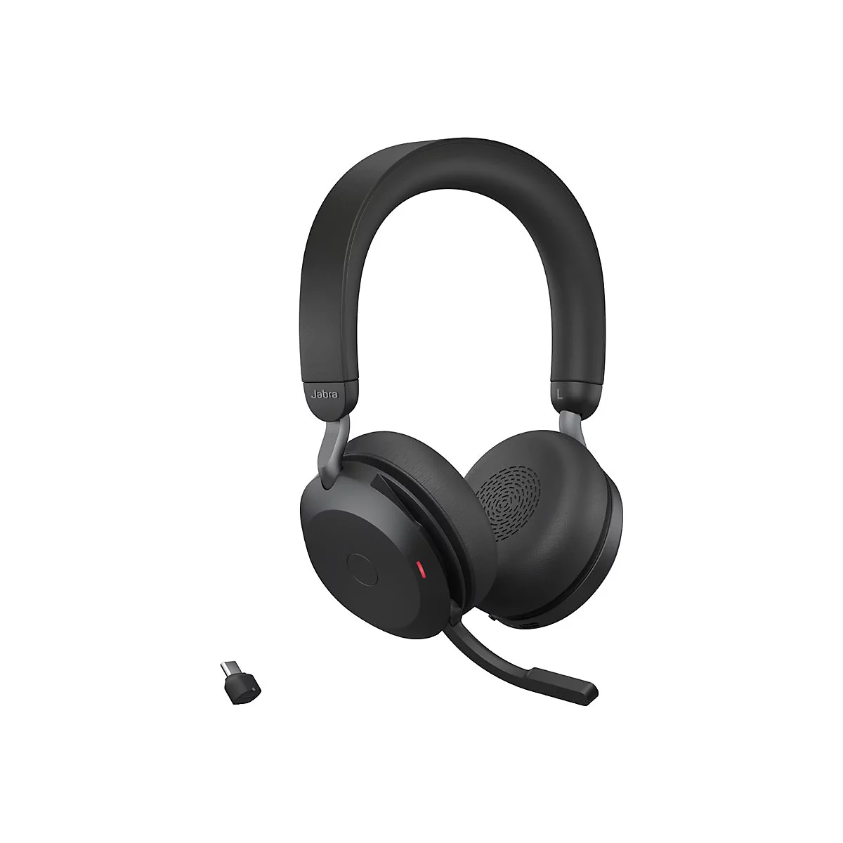 Schwarzer Jabra-Kopfhörer mit Mikrofon und USB-C-Adapter, freigestellt auf weißem Hintergrund.