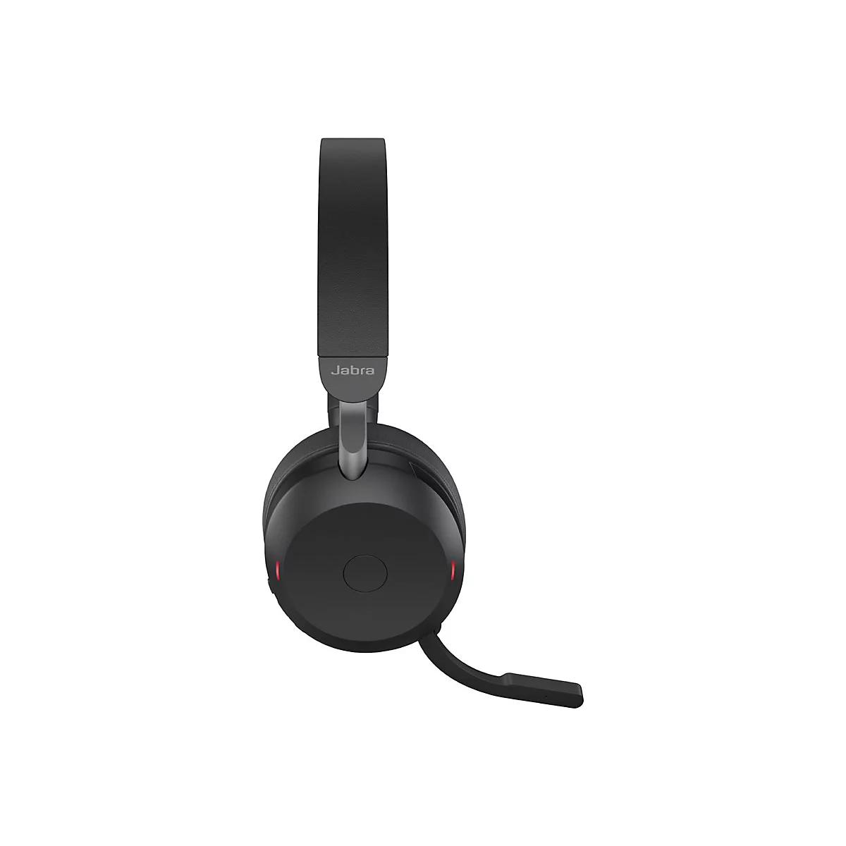 Casque Jabra noir. Bras du microphone, serre-tête et écouteur avec accent rouge.
