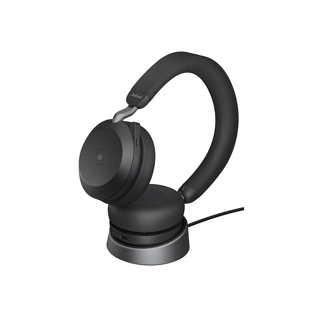 Casque Jabra noir avec station de charge ; la marque est visible.