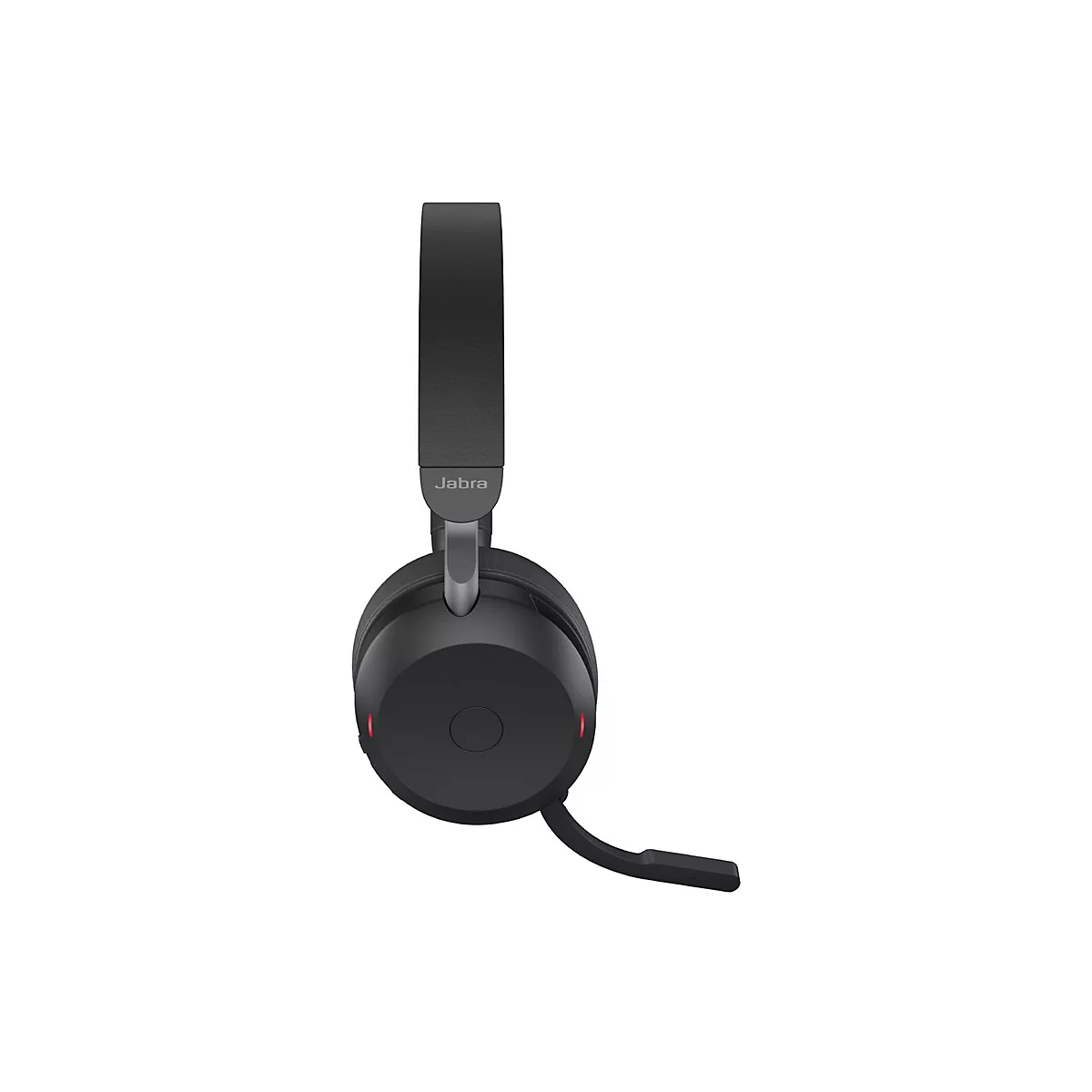 Casque Jabra noir avec bandeau et micro, sur fond blanc. Logo clairement visible.