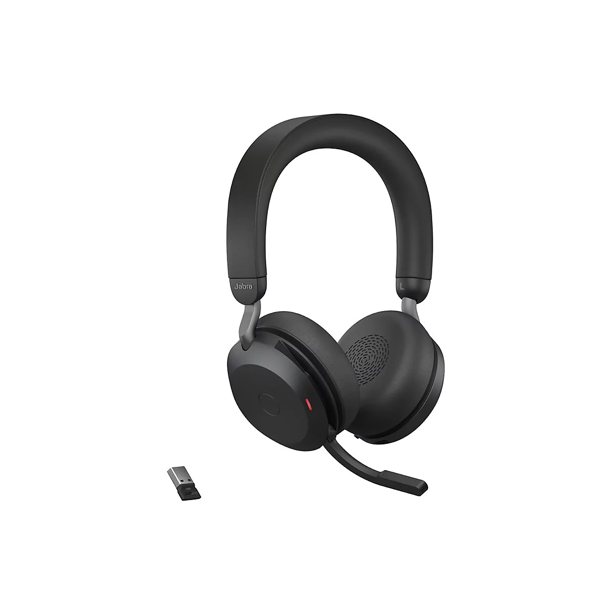Casque circum-auriculaire noir avec microphone et dongle USB sur fond blanc. Jabra est écrit sur le casque.