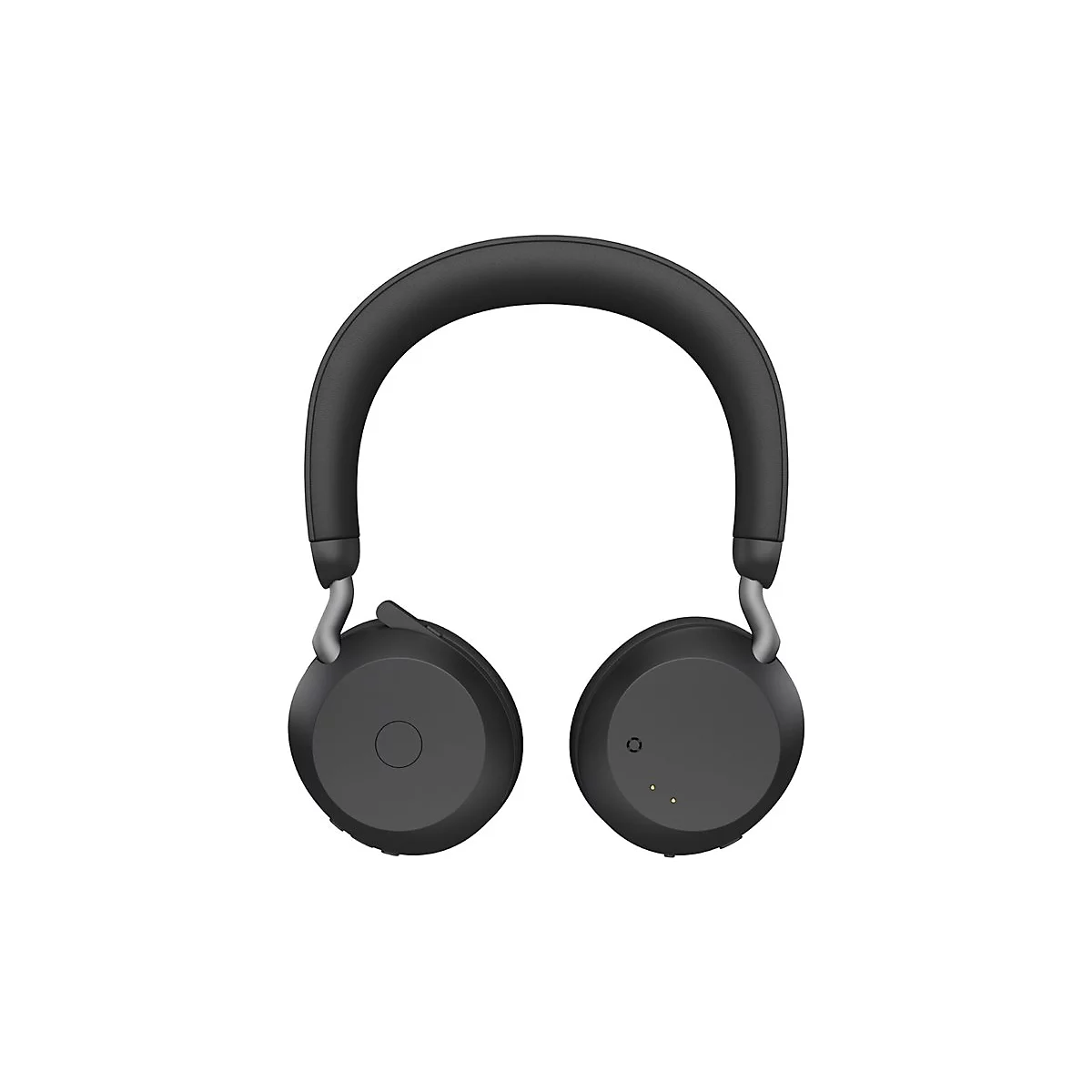 Casque noir sur fond blanc. Les coussinets sont ronds, l'arceau est rembourré.