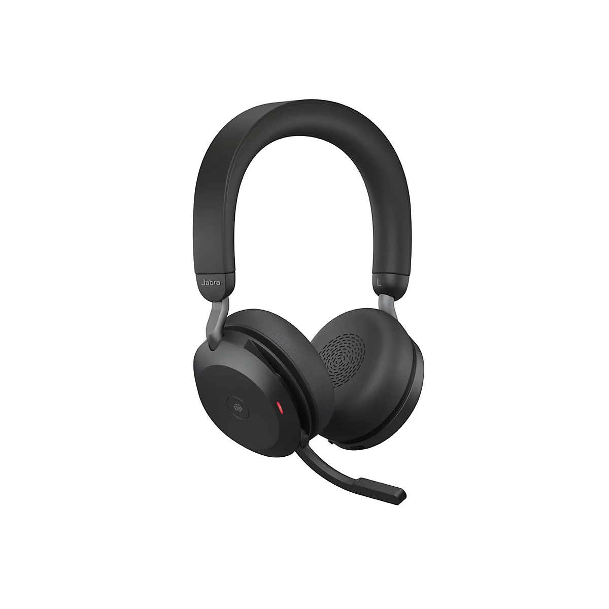 Casque noir avec microphone sur fond blanc. La marque Jabra est visible sur un écouteur.