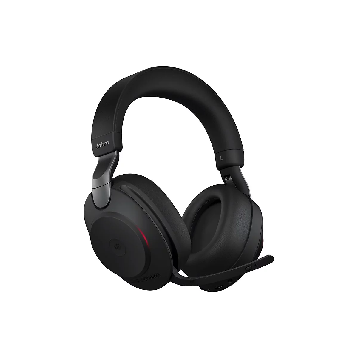Casque Jabra noir avec microphone. Le logo Jabra est visible. Un microphone est fixé sur le côté droit.