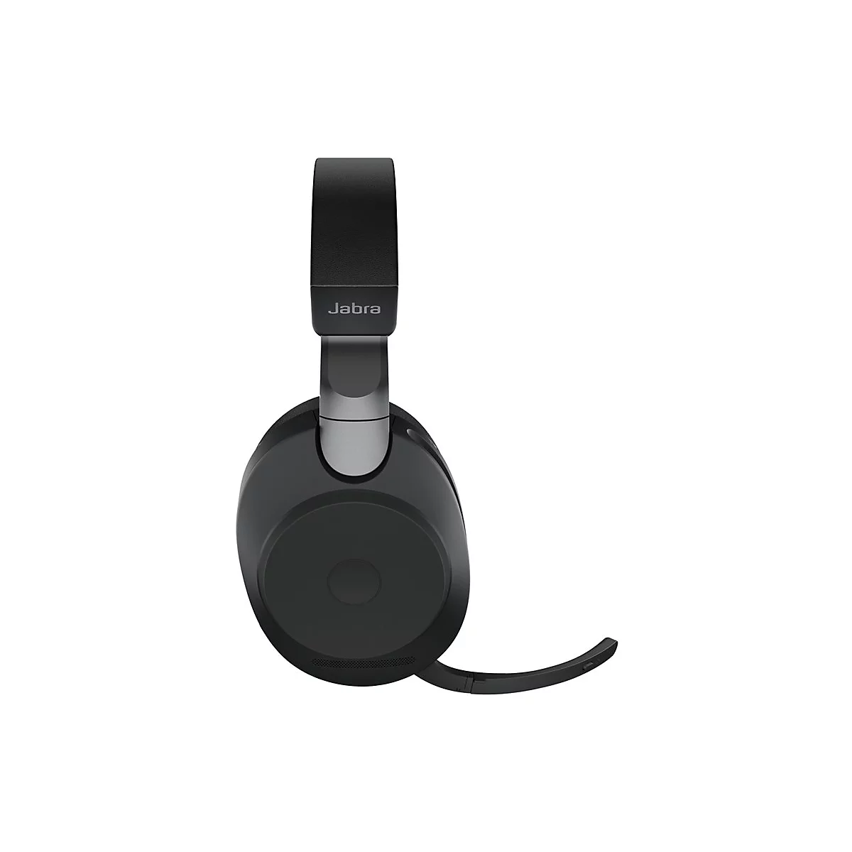 Casque Jabra noir, logo en haut, bandeau et écouteurs. Micro sur l'oreille gauche.
