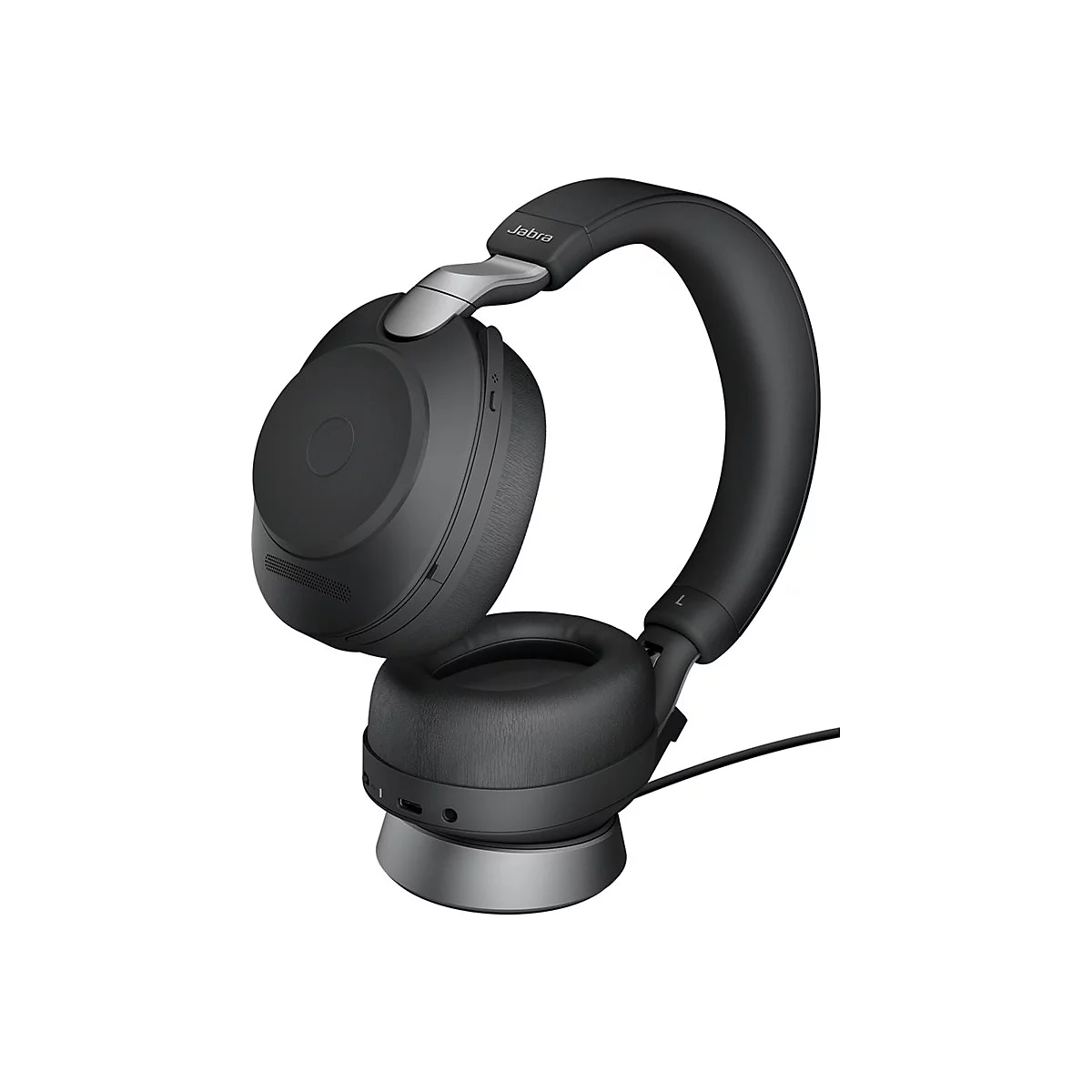 Casque Jabra noir. Les oreillettes, l'arceau et la base sont présentés dans des tons de gris.