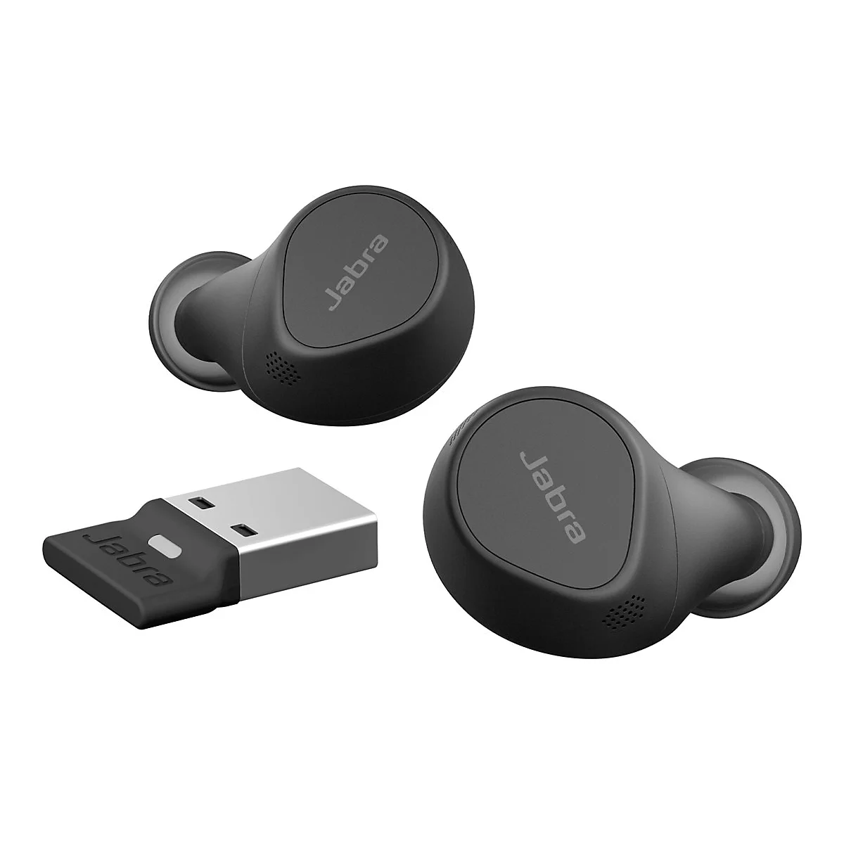 Zwei schwarze Jabra-Ohrhörer und ein USB-Dongle. Die Ohrhörer sind rund mit dem Jabra-Logo. Der Dongle hat auch das Jabra-Logo.