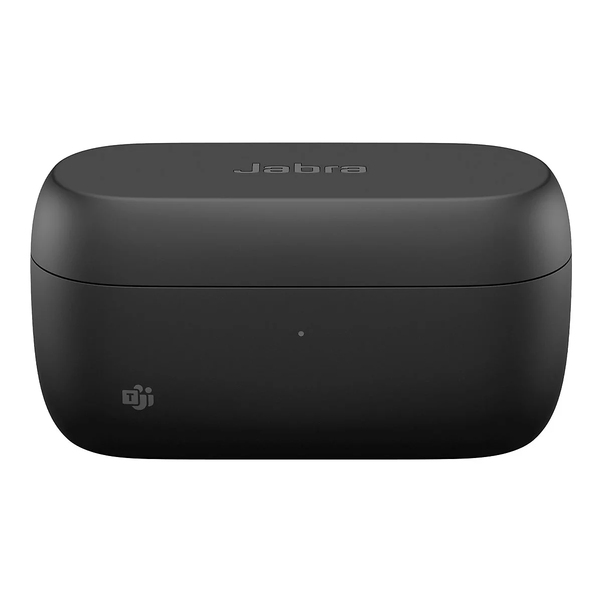 Schwarze Jabra-Ladebox; oben steht „Jabra“. Auf der Box ein kleines Logo.