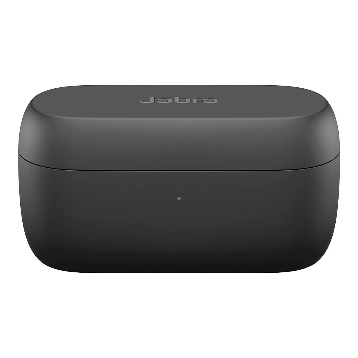 Schwarze Ladebox für Jabra-Kopfhörer, Schriftzug 'Jabra' oben. Rechteckige Form, abgerundete Ecken, kleine LED.