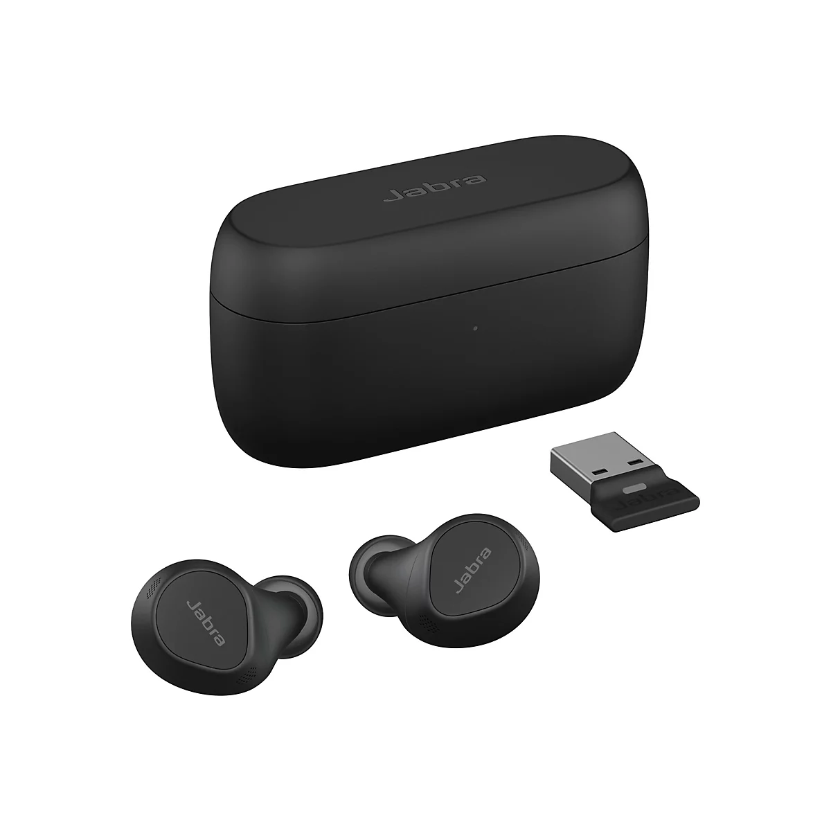 Schwarze Jabra Ohrhörer mit Ladecase und USB-Adapter, auf weißem Hintergrund.