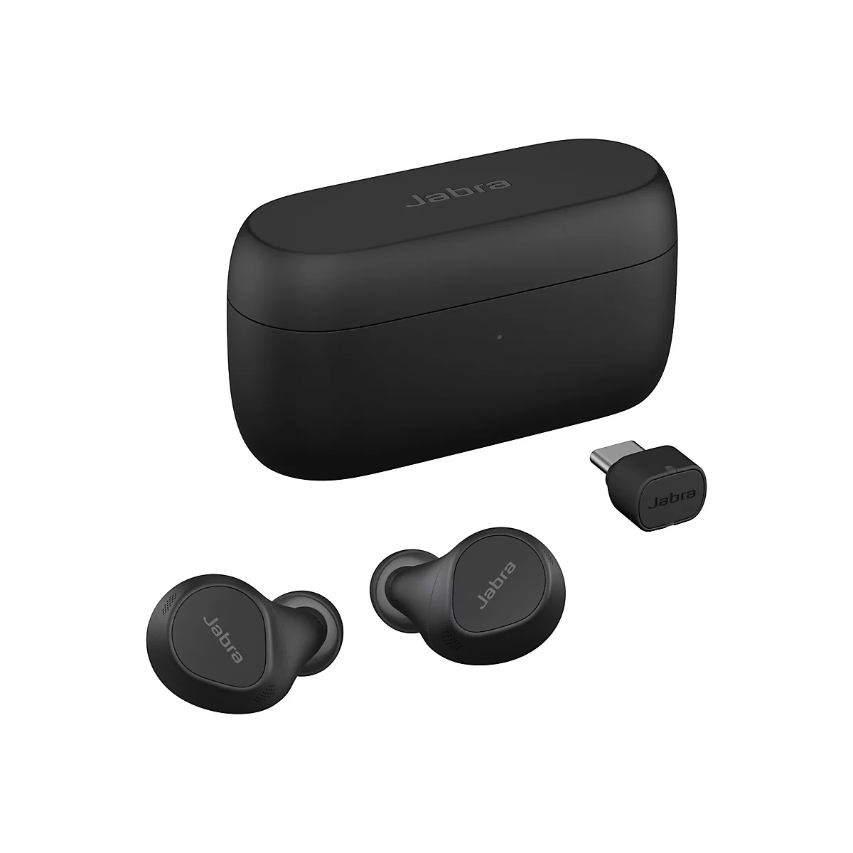 Schwarze Jabra-Kopfhörer mit Ladecase und USB-C-Adapter auf weißem Hintergrund.