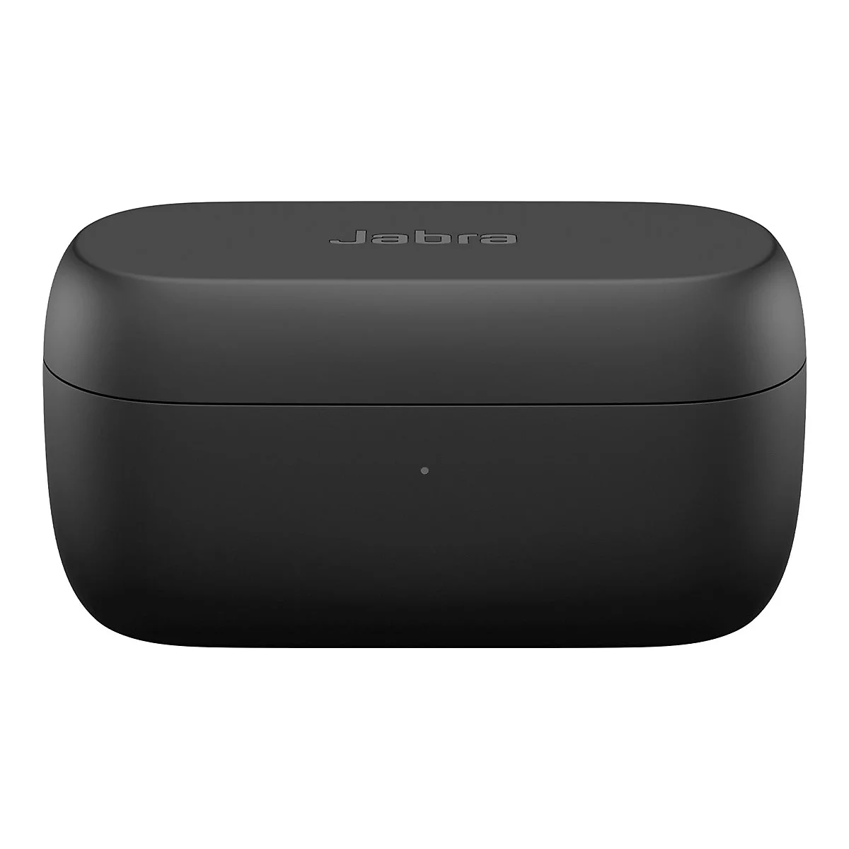 Schwarze Ladehülle für Jabra-Kopfhörer mit Jabra-Schriftzug.