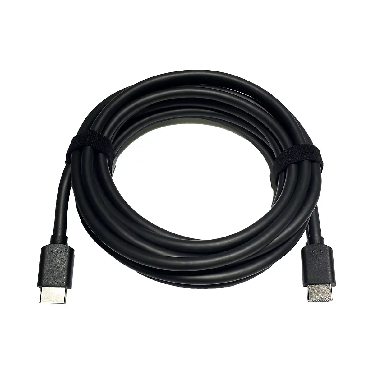 Schwarzes USB-C-Kabel, aufgerollt und mit Klettverschluss fixiert. Anschlüsse an beiden Enden.
