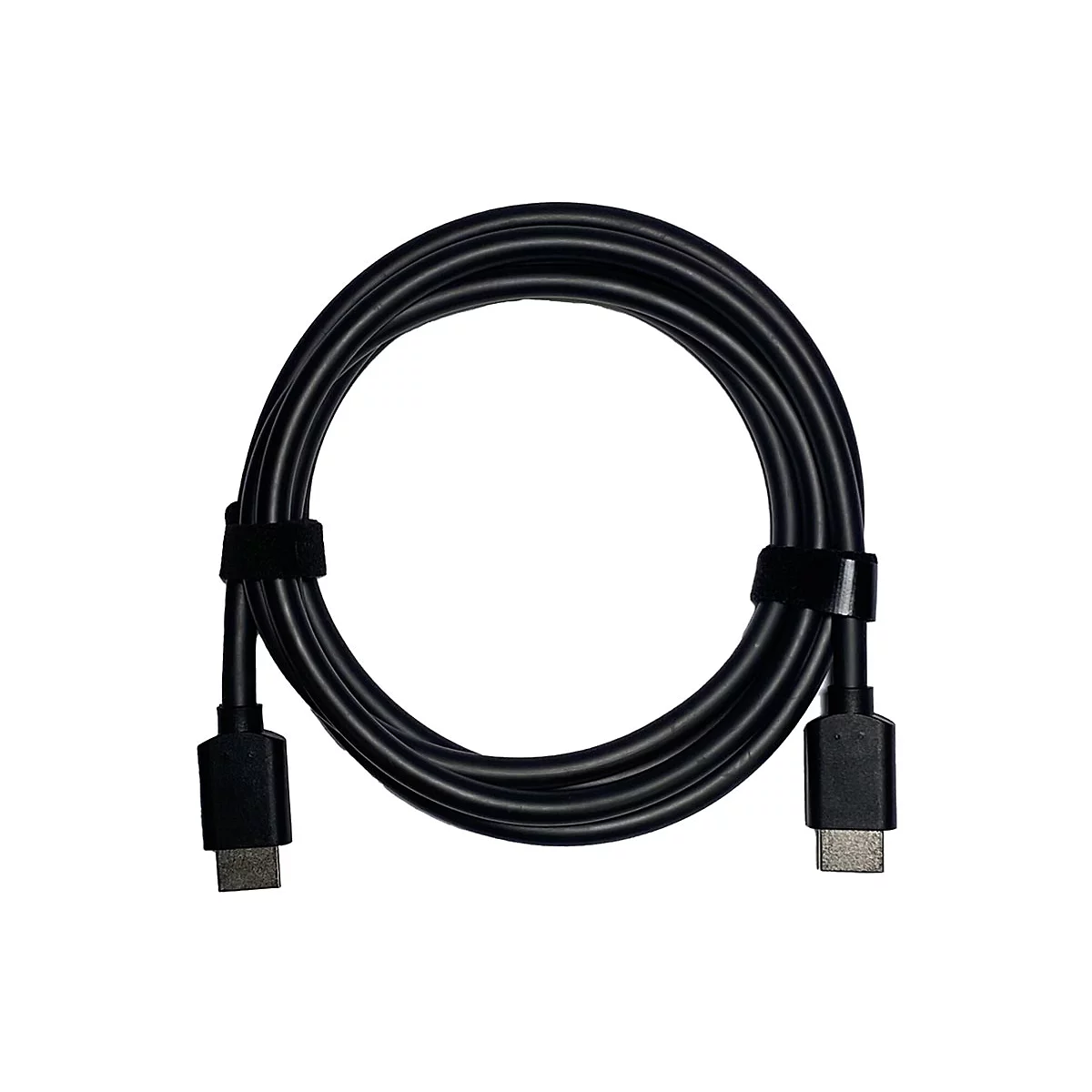 Ein schwarzes USB-C-Kabel, das zu einer Schleife geformt und mit Klettbändern fixiert wurde. Es liegt vor weißem Hintergrund.