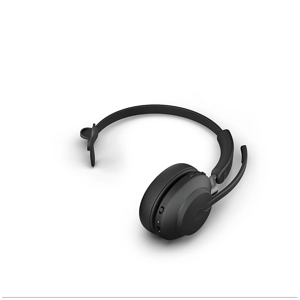 Schwarzes Headset auf weißem Hintergrund. Das Headset hat einen Bügel, einen Kopfhörer und ein Mikrofon.